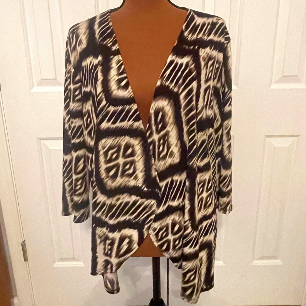 Chico's Easywear Black and Beige Light-Weight Asymmetrical Cardigan, Size 3